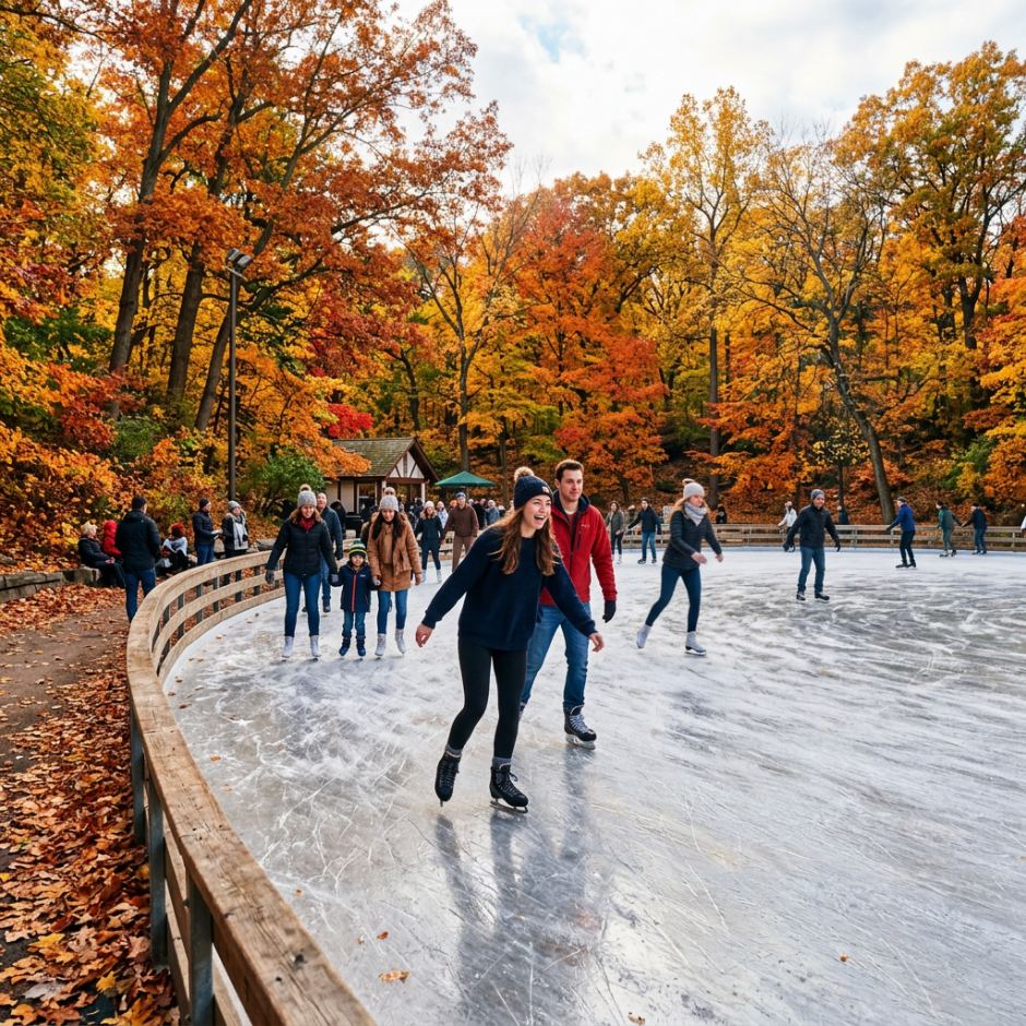 People ice skating on an outdoor rink surrounded by colorful autumn trees