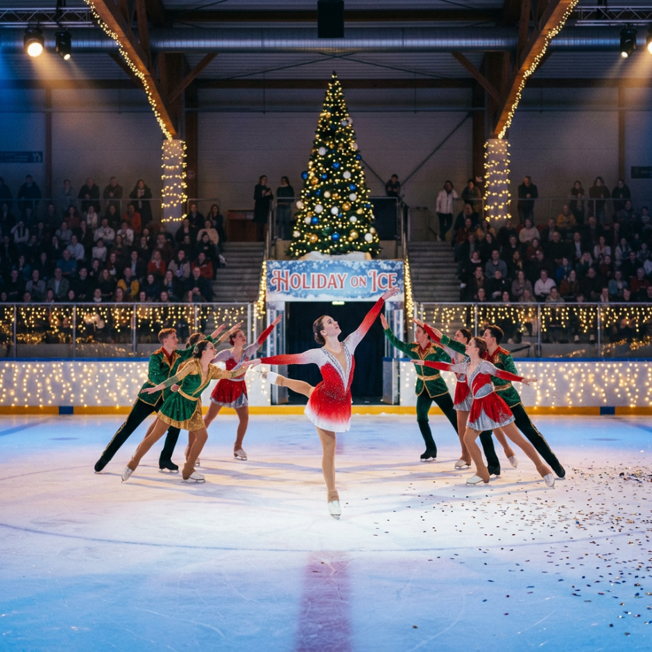Figure skaters perform beneath a Christmas tree at Holiday on Ice.
